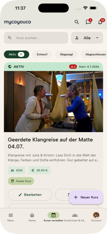 Kursverwaltung in der mycoyouco App